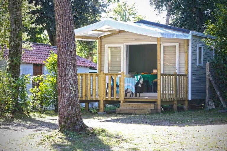 Mobil-home en pleine nature avec terrasse en bois.
